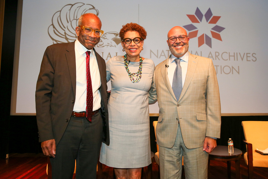 From left: Panelists Randall Kennedy and Sheryll Cashin with moderator Michael Powell during the National Archives’ celebration of the 70th anniversary of the Supreme Court Brown v. Board of Education decision, at the Archives in Washington, DC, May 16. National Archives photo by Susana Raab.