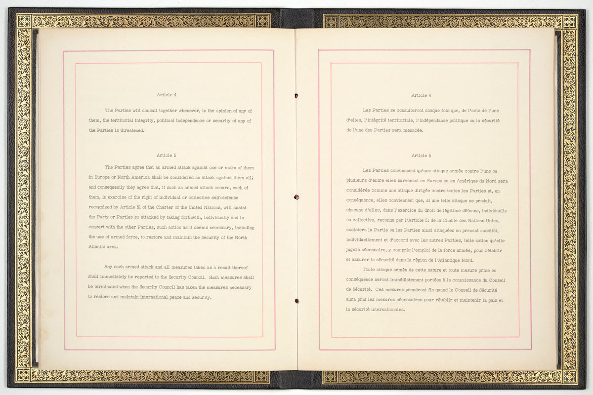 The North Atlantic Treaty, showing Article 5. Signed on April 4, 1949, the treaty formed the legal basis for NATO.  View in National Archives Catalog