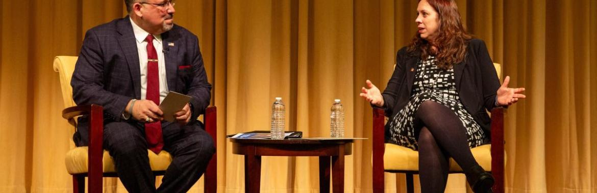 U.S. Secretary of Education Dr. Miguel A. Cardona and Archivist of the United States Dr. Colleen Shogan discuss civic education during a fireside chat at the National Archives, March 12, 2024, in celebration of National Civic Learning Week. National Archives photo by Susana Raab.