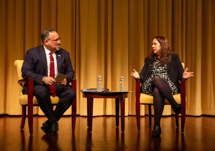 U.S. Secretary of Education Dr. Miguel A. Cardona and Archivist of the United States Dr. Colleen Shogan discuss civic education during a fireside chat at the National Archives, March 12, 2024, in celebration of National Civic Learning Week. National Archives photo by Susana Raab.