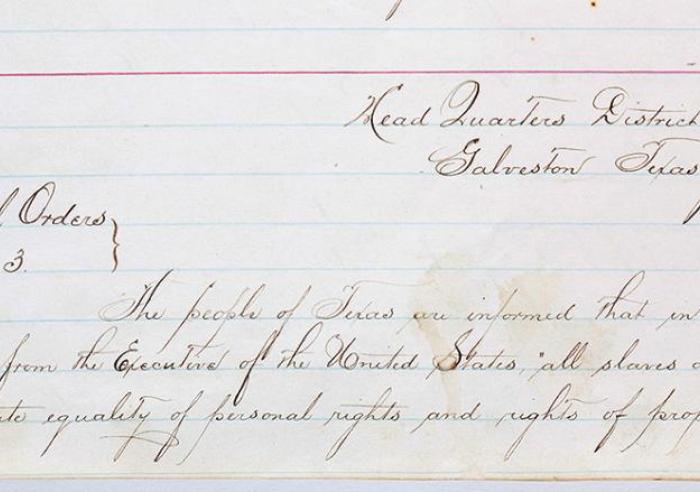 General Order No. 3, issued by Maj. Gen. Gordon Granger, June 19, 1865. The order was written in a volume beginning on one page and continuing to the next.