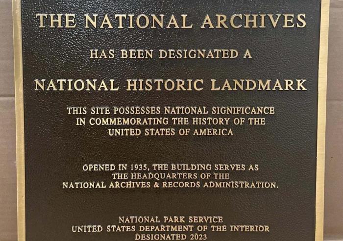 National Archives Building’s National Historic Landmark plaque close up. National Archives photo by Jessie Kratz.