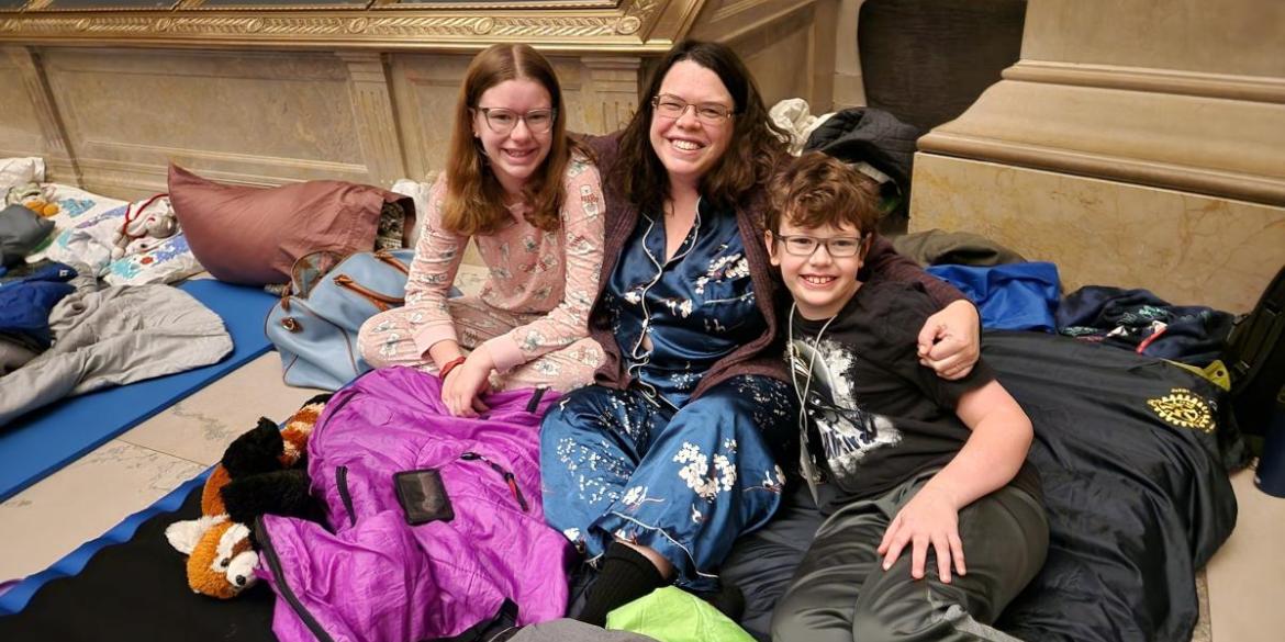 Guests get ready to go to sleep in front of the Constitution, February 3, 2024. National Archives photo by Jenna Edwards.